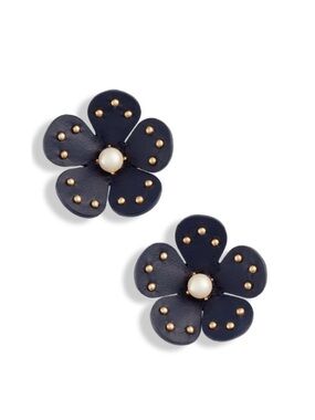 Kate Spade Blooming Bling Navy Leather Flower Stud Earrings
